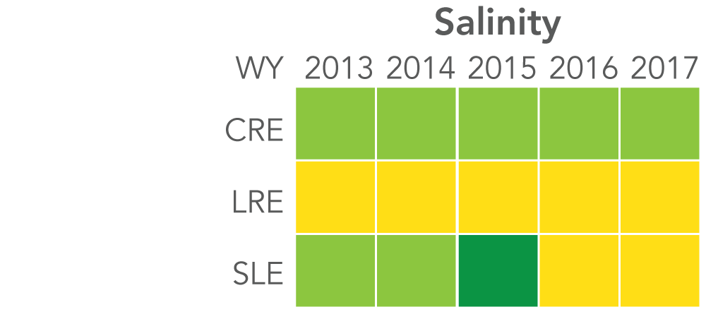 Caloosahatchee: Salinity rated "good" 2013 to 2017. Loxahatchee:  Salinity rated "fair" 2013 to 2017.  St. Lucie:  Salinity rated "good" 2013 to 2014, "very good" in 2015, and "fair" 2016 to 2017. 